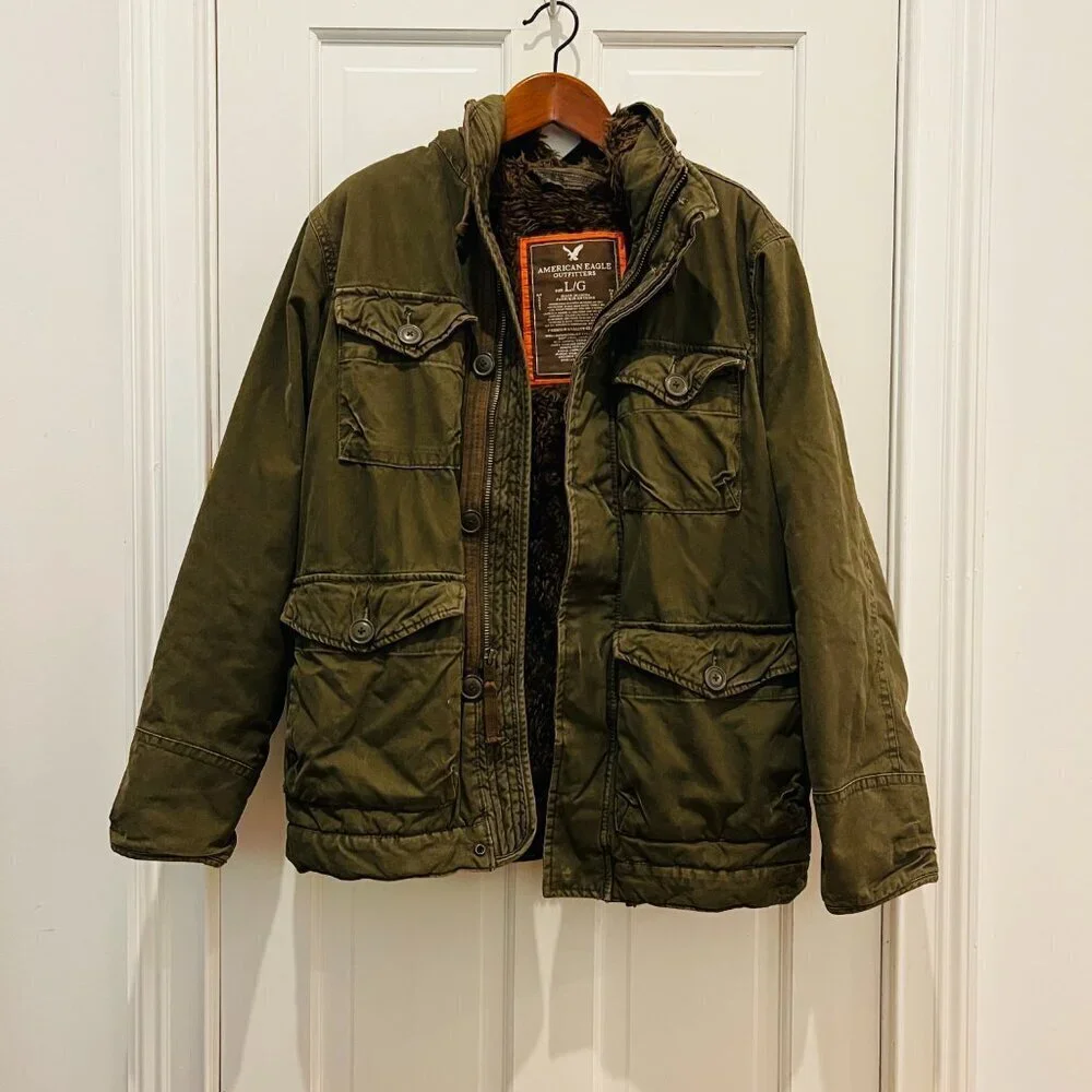 Y2K Green American Eagle Military Parka Winter Coat Mens Small Heavyweight Lined - Picture 6 of 16